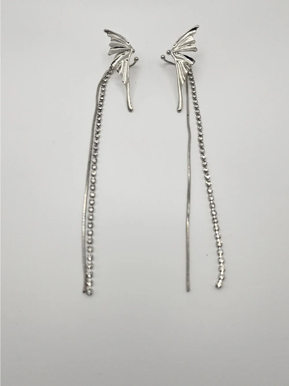 Silver Butterfly Drop Cuff Earrings